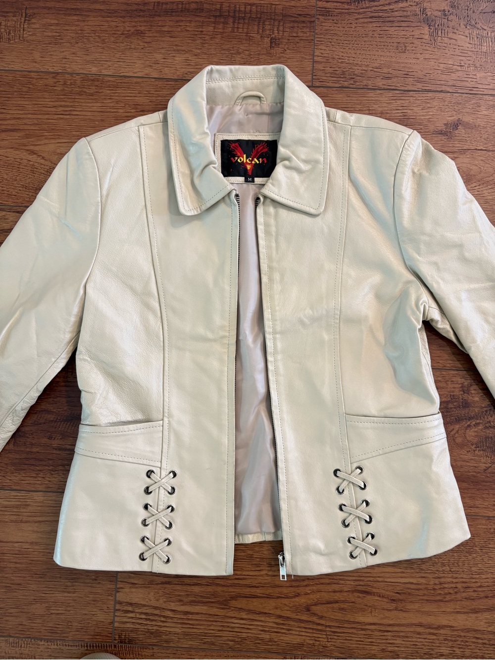 Volcan Genuine Leather Jacket Women’s M Ivory Lace Up Y2K Moto